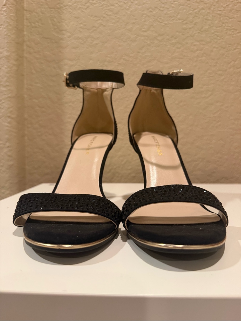 Marc Fisher Black Rhinestone Ankle-Strap Heels